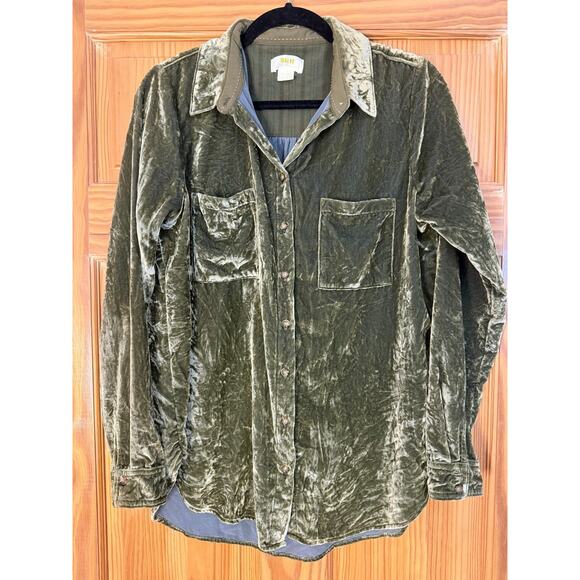 Maeve by Anthropologie Karina Green Velvet Button-Up Relaxed Fit Shirt, Size 8 - Picture 1 of 7
